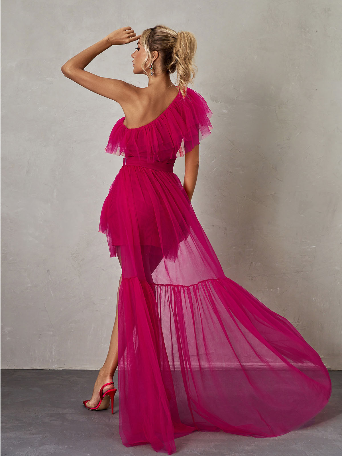 Tulle One Shoulder Ruffle High Low Tiered Mini Dress - View 5
