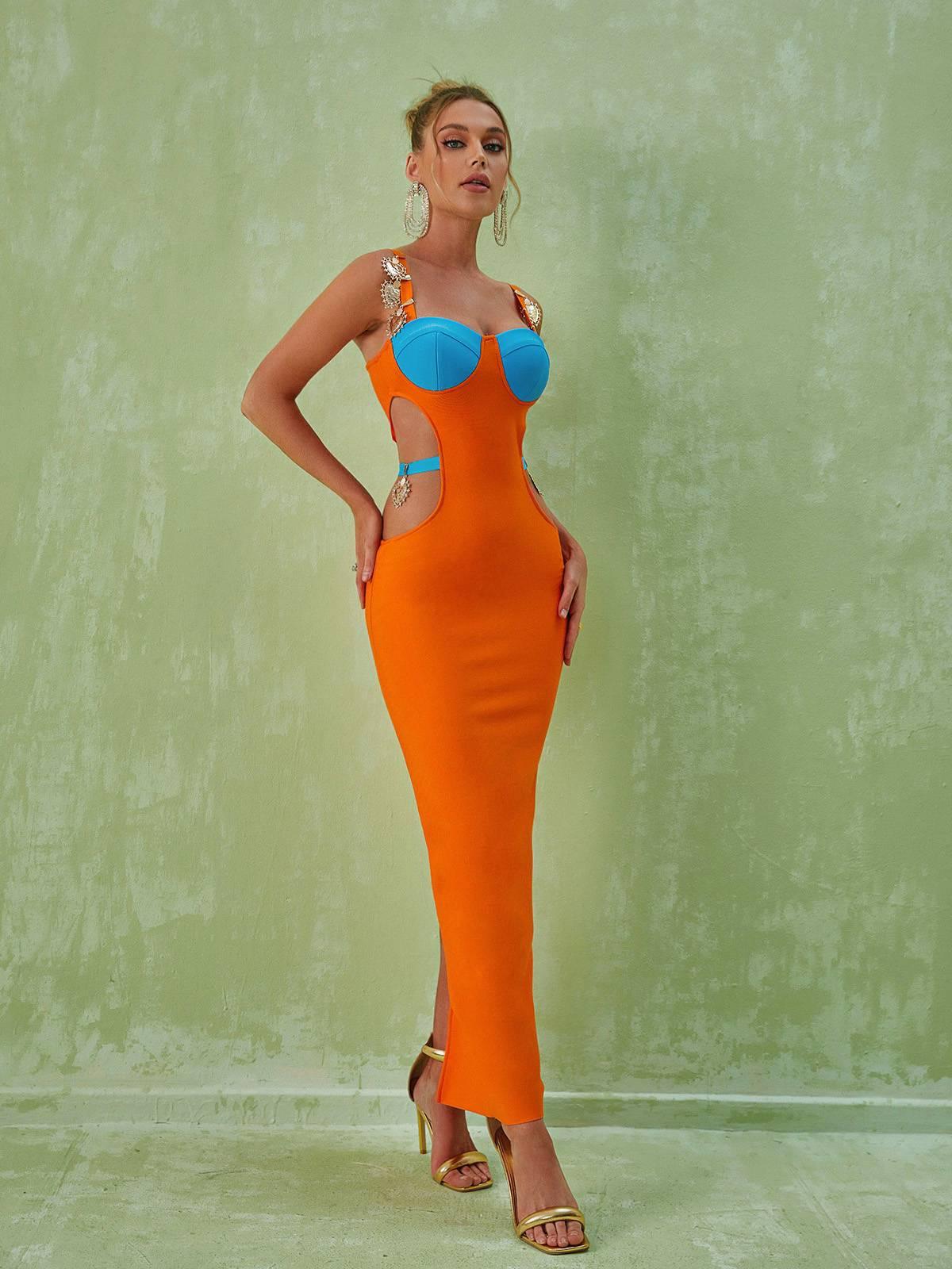 Bustier Cut-Out Embellished Strap Column Maxi Dress 2