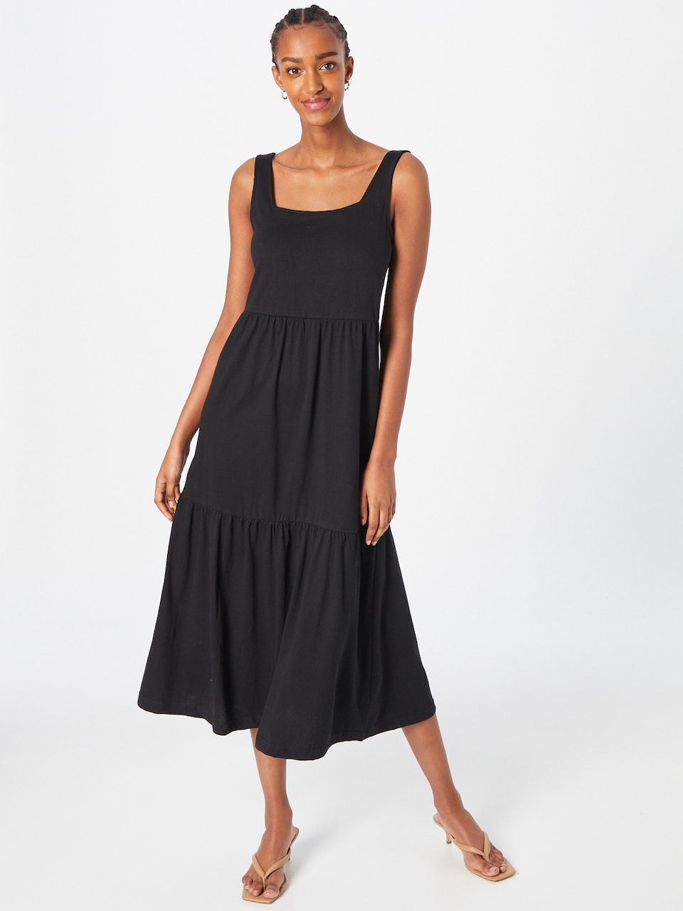 Square Neck Wide Strap Sleeveless Tiered Knit Midi Summer Dress