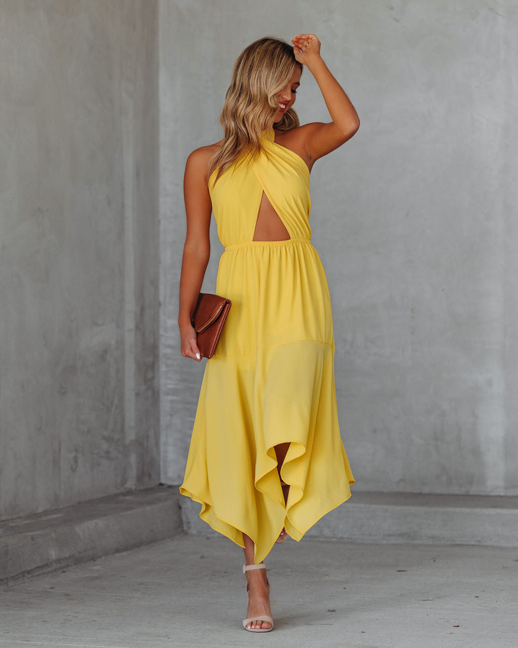 Criss-Cross Halter Neck Cutout Handkerchief Midi Dress