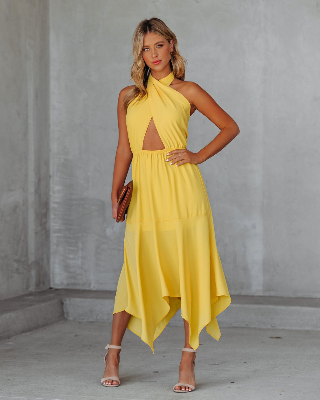 Criss-Cross Halter Neck Cutout Handkerchief Midi Dress