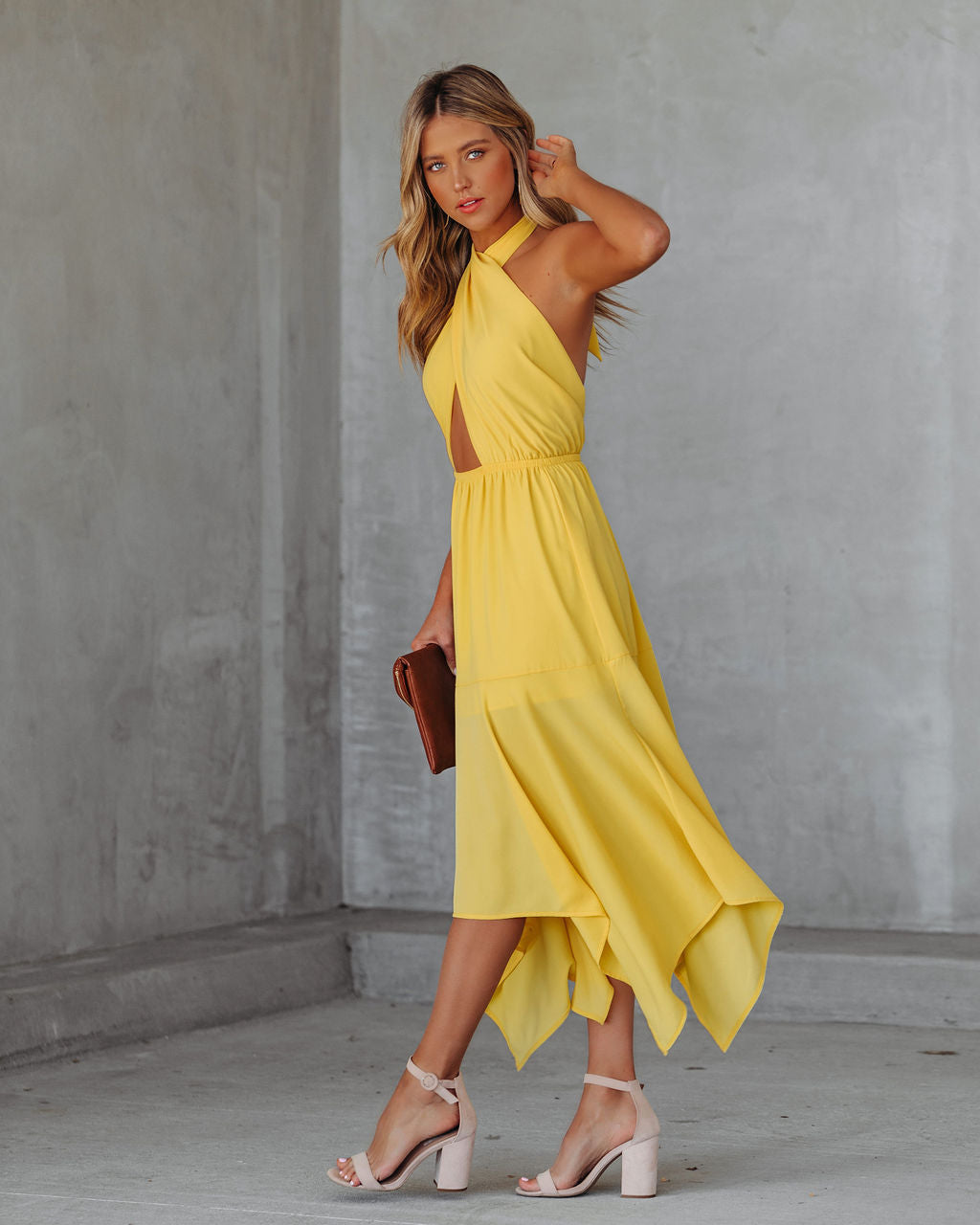 Criss-Cross Halter Neck Cutout Handkerchief Midi Dress