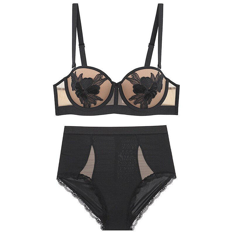 French High Quality Lingerie Underwear Push Up Lace Embroidery Brassiere Gather Bra Hight Waist Panty Sets