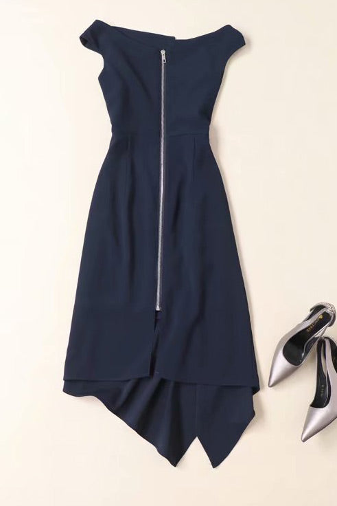 Cap Sleeve Boat Neck Ruffle Asymmetric Midi Dress