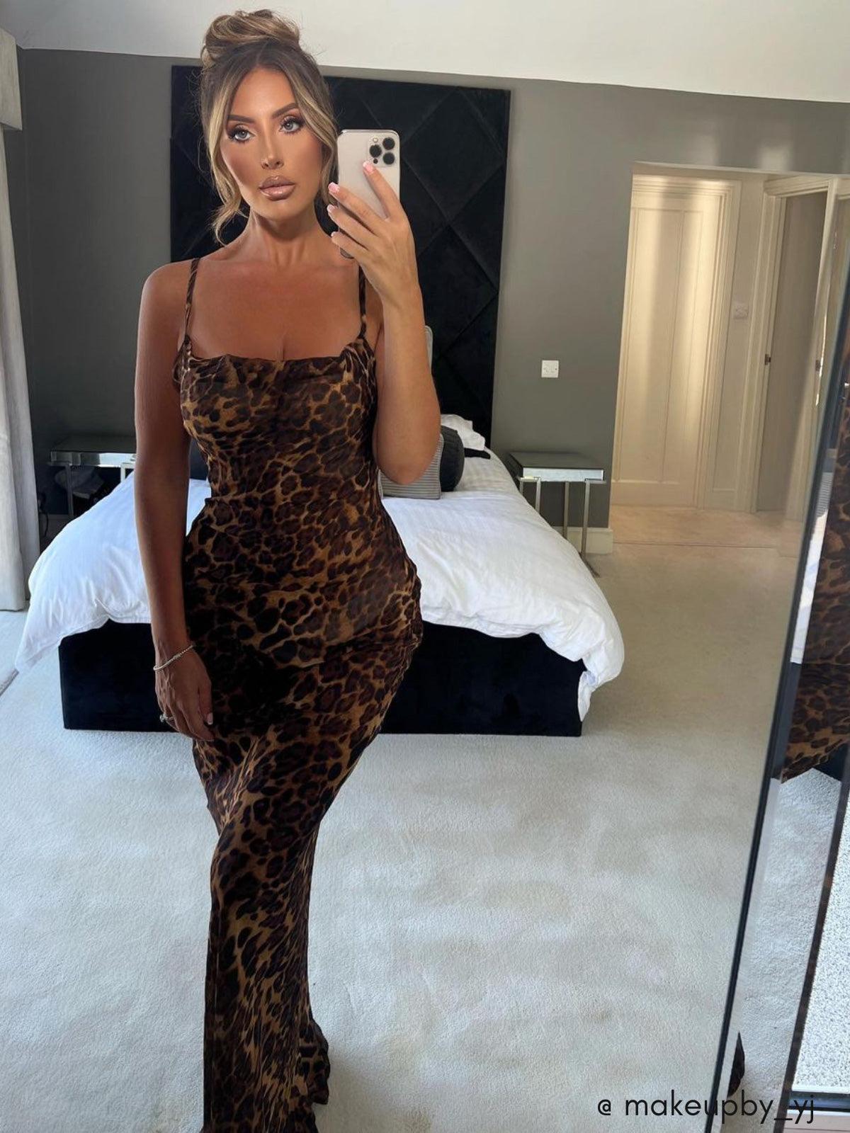Leopard Print Cowl Neck Spaghetti Strap Slip Maxi Dress 2