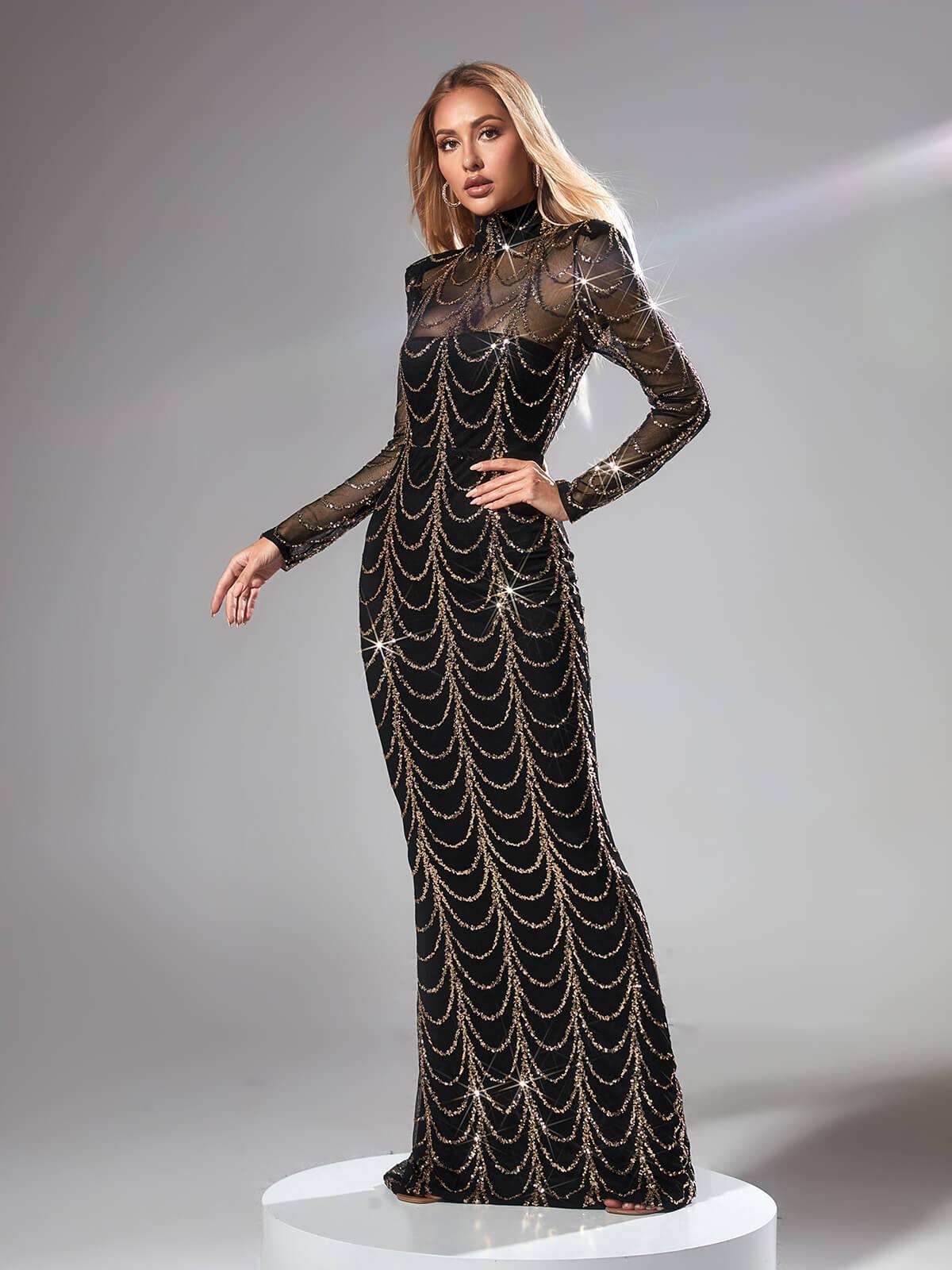 Melisande Long Sleeve Sequin Maxi Dress In Black