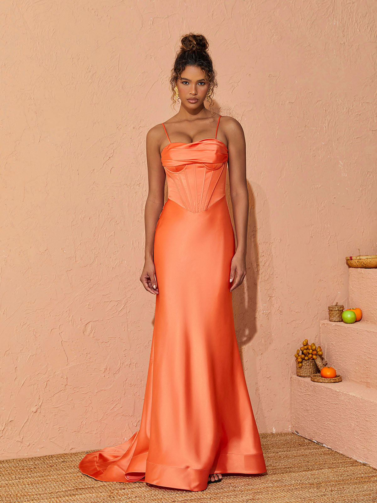 Meris Spaghetti Satin Maxi Dress In Orange
