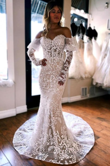 Mermaid Lace Long Sleeves Elegant Wedding Dress - Fashionpara