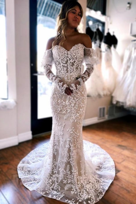Mermaid Lace Long Sleeves Elegant Wedding Dress - Fashionpara