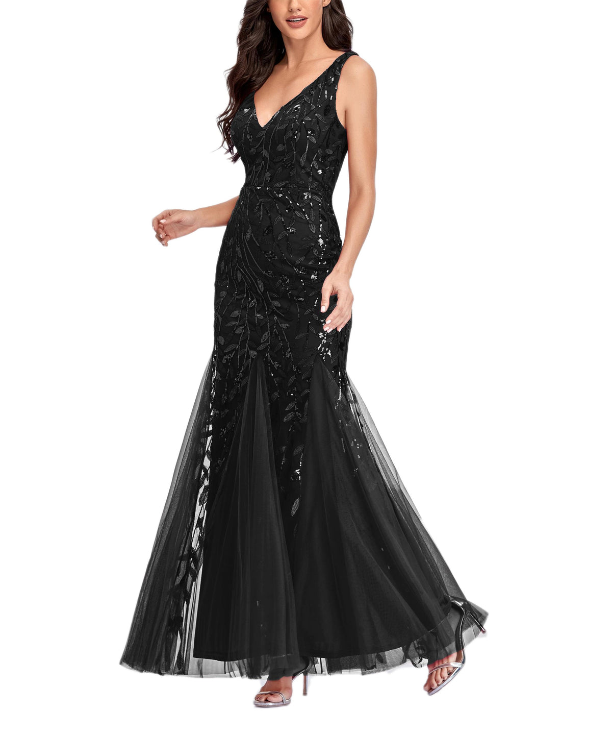 Sequin V-Neck Sleeveless Tulle Mermaid Gown - View 5