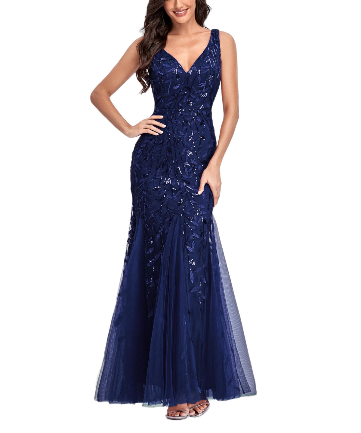 Sequin Embroidered V-Neck Sleeveless Mermaid Gown