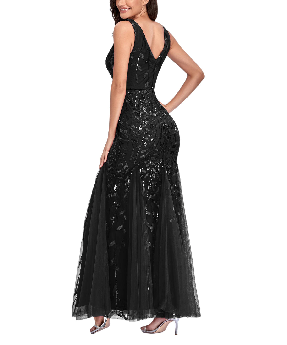 Sequin V-Neck Sleeveless Tulle Mermaid Gown - View 6