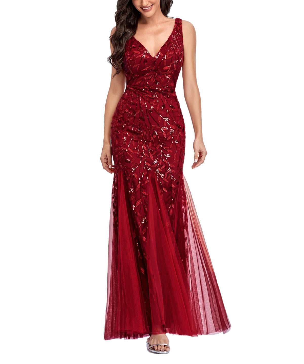 Sequin V-Neck Sleeveless Tulle Mermaid Gown - View 7