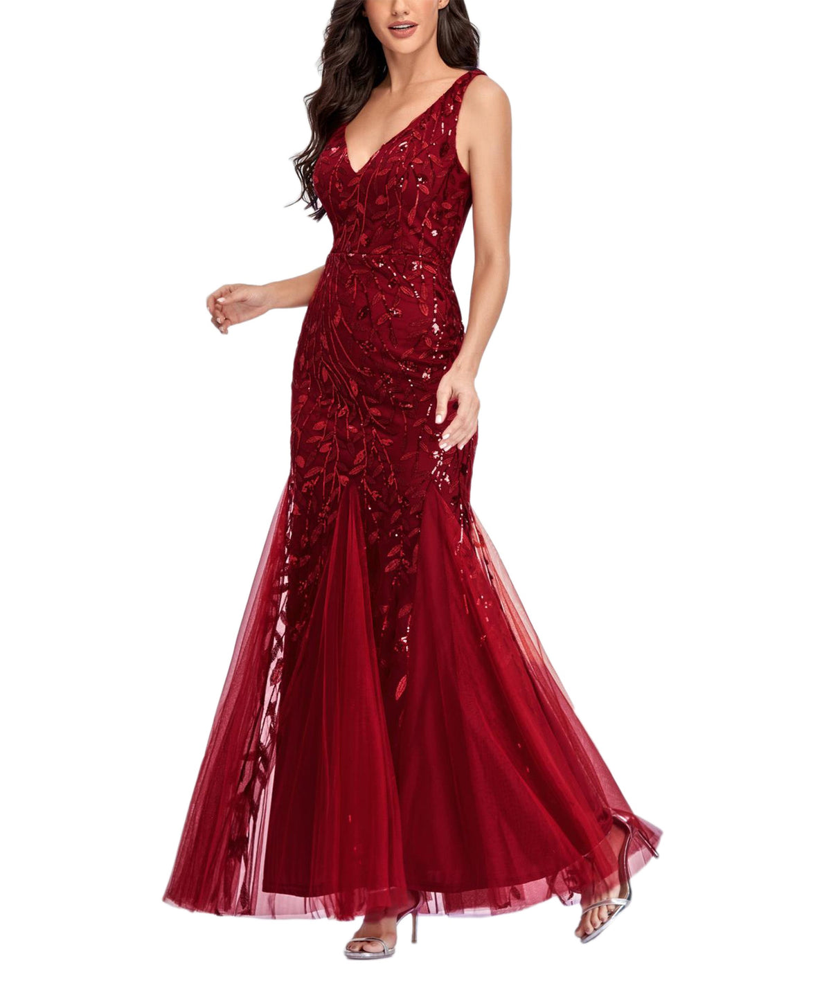 Sequin V-Neck Sleeveless Tulle Mermaid Gown - View 8