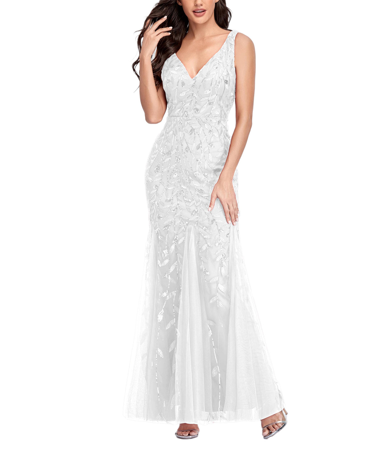 Sequin V-Neck Sleeveless Tulle Mermaid Gown - View 13