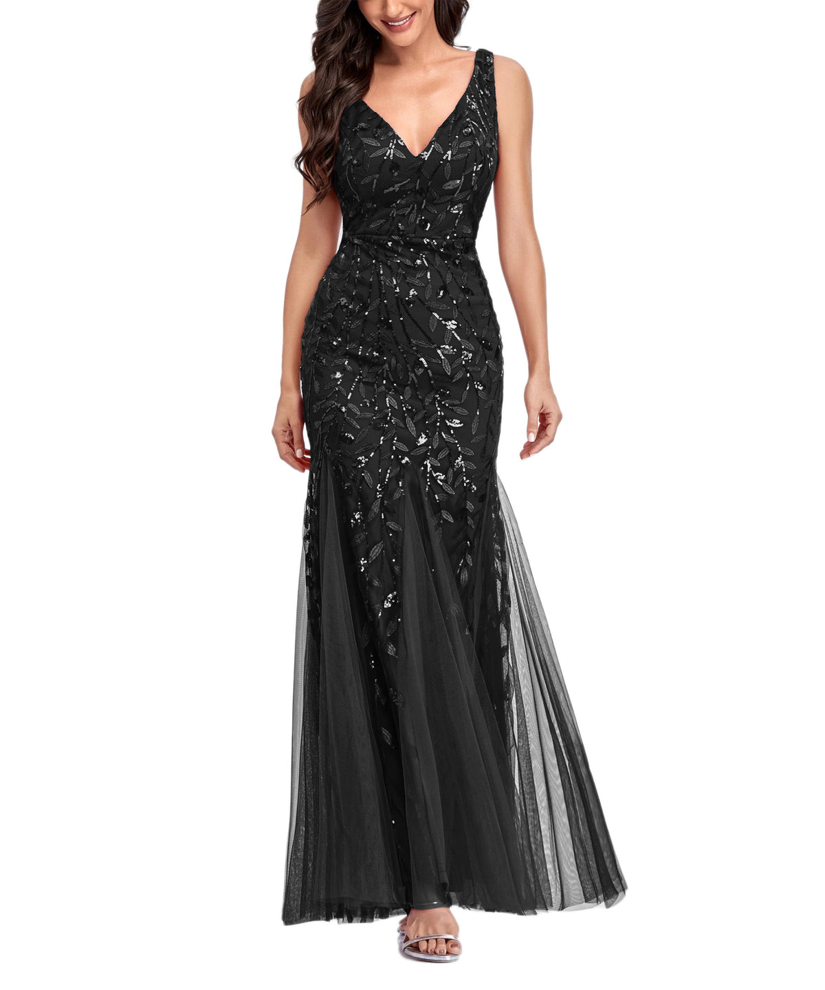 Sequin V-Neck Sleeveless Tulle Mermaid Gown - View 4
