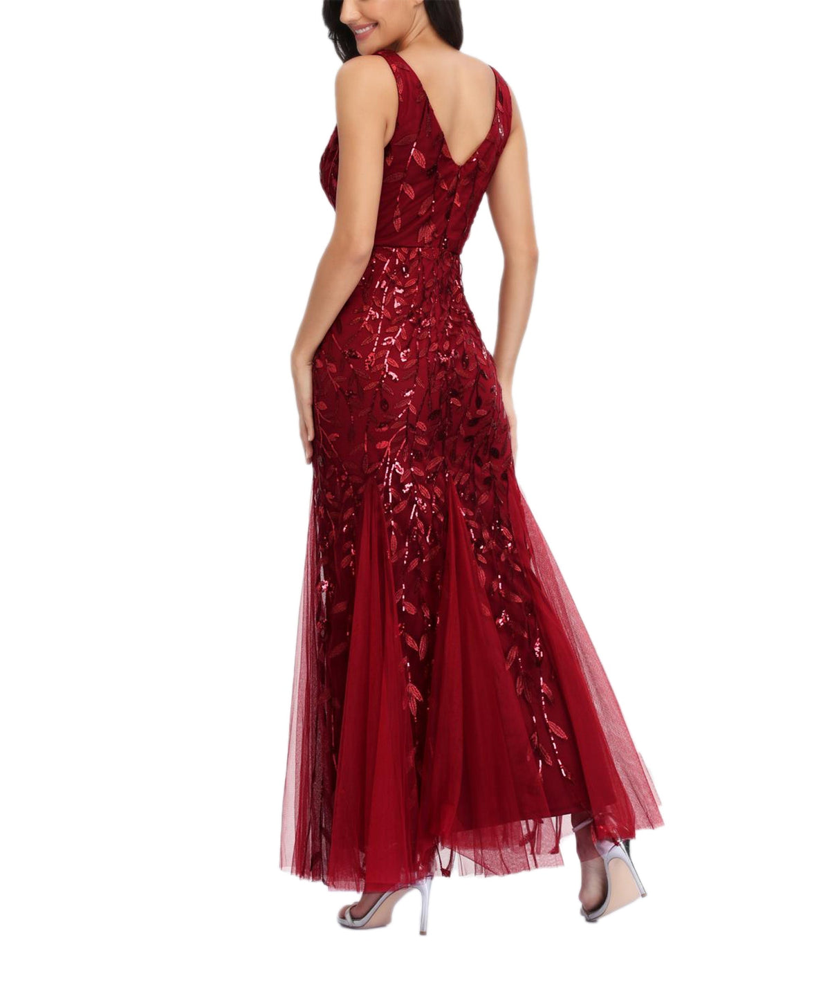 Sequin V-Neck Sleeveless Tulle Mermaid Gown - View 9