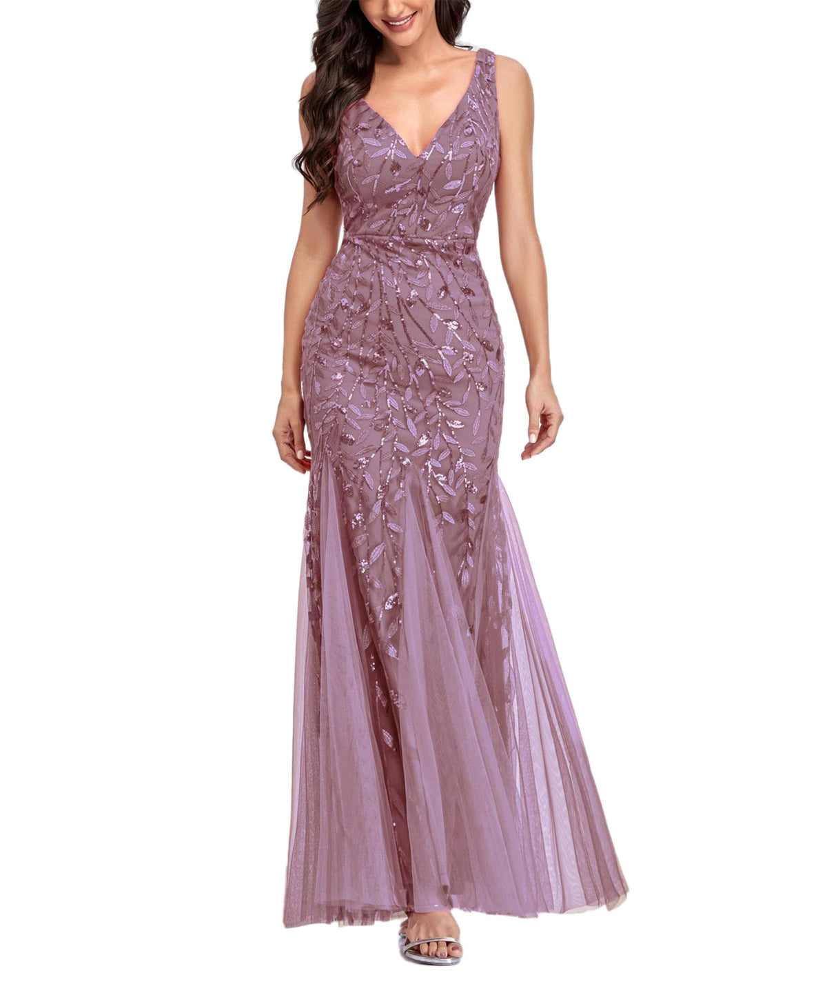 Sequin V-Neck Sleeveless Tulle Mermaid Gown - View 10