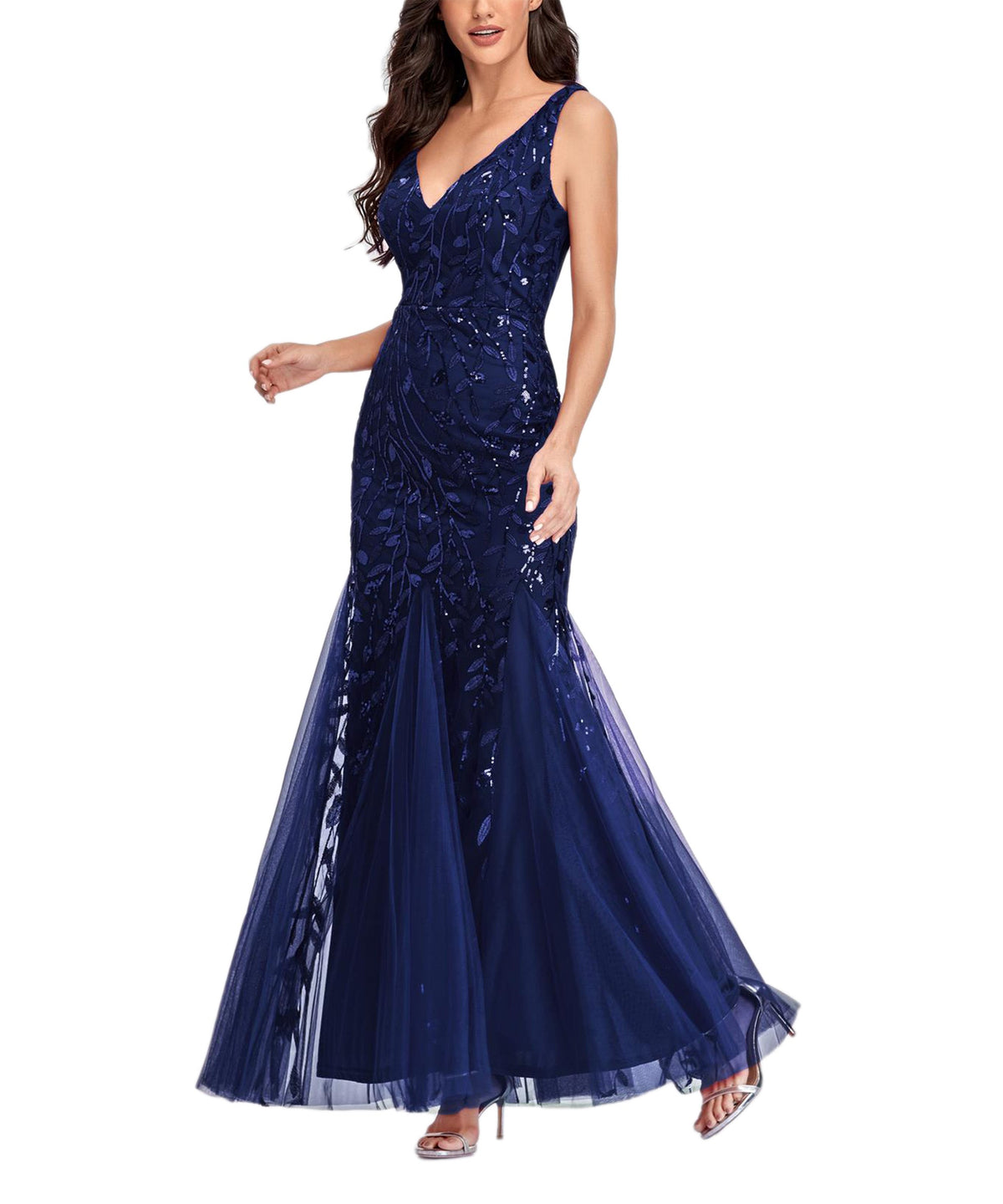 Sequin V-Neck Sleeveless Tulle Mermaid Gown - View 2