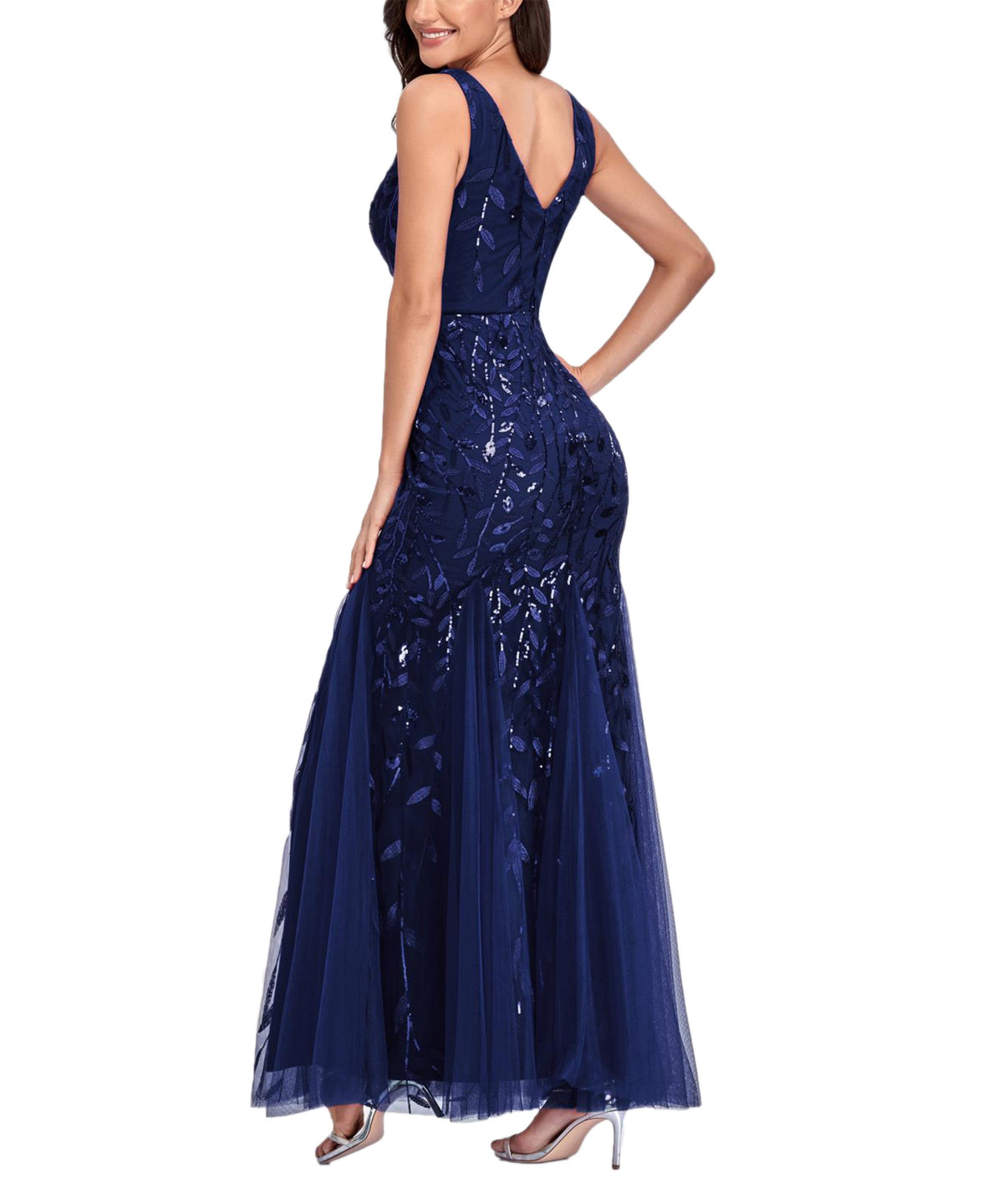 Sequin V-Neck Sleeveless Tulle Mermaid Gown - View 3