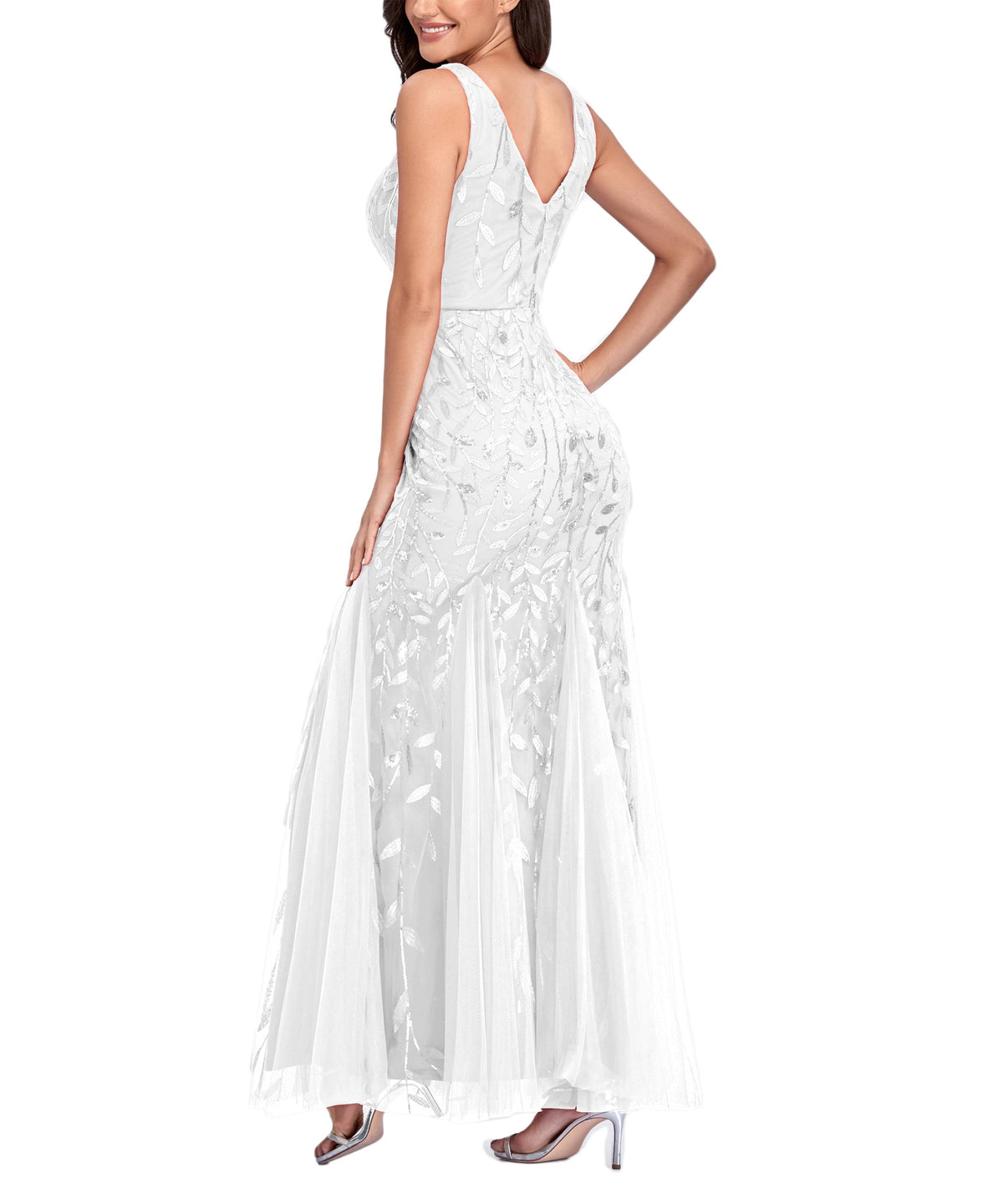 Sequin V-Neck Sleeveless Tulle Mermaid Gown - View 15
