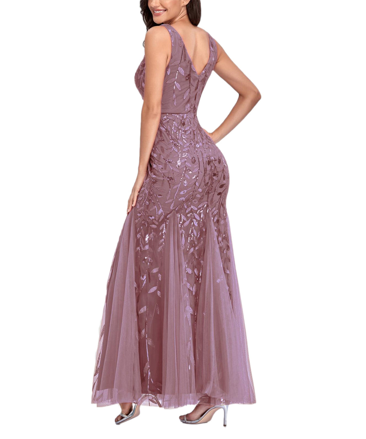 Sequin V-Neck Sleeveless Tulle Mermaid Gown - View 12