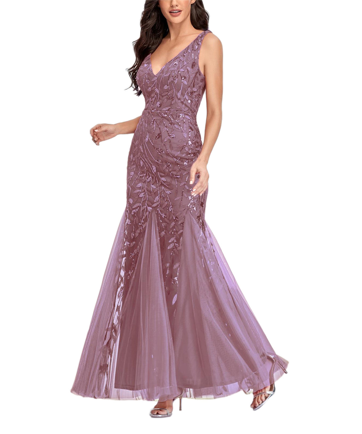 Sequin V-Neck Sleeveless Tulle Mermaid Gown - View 11