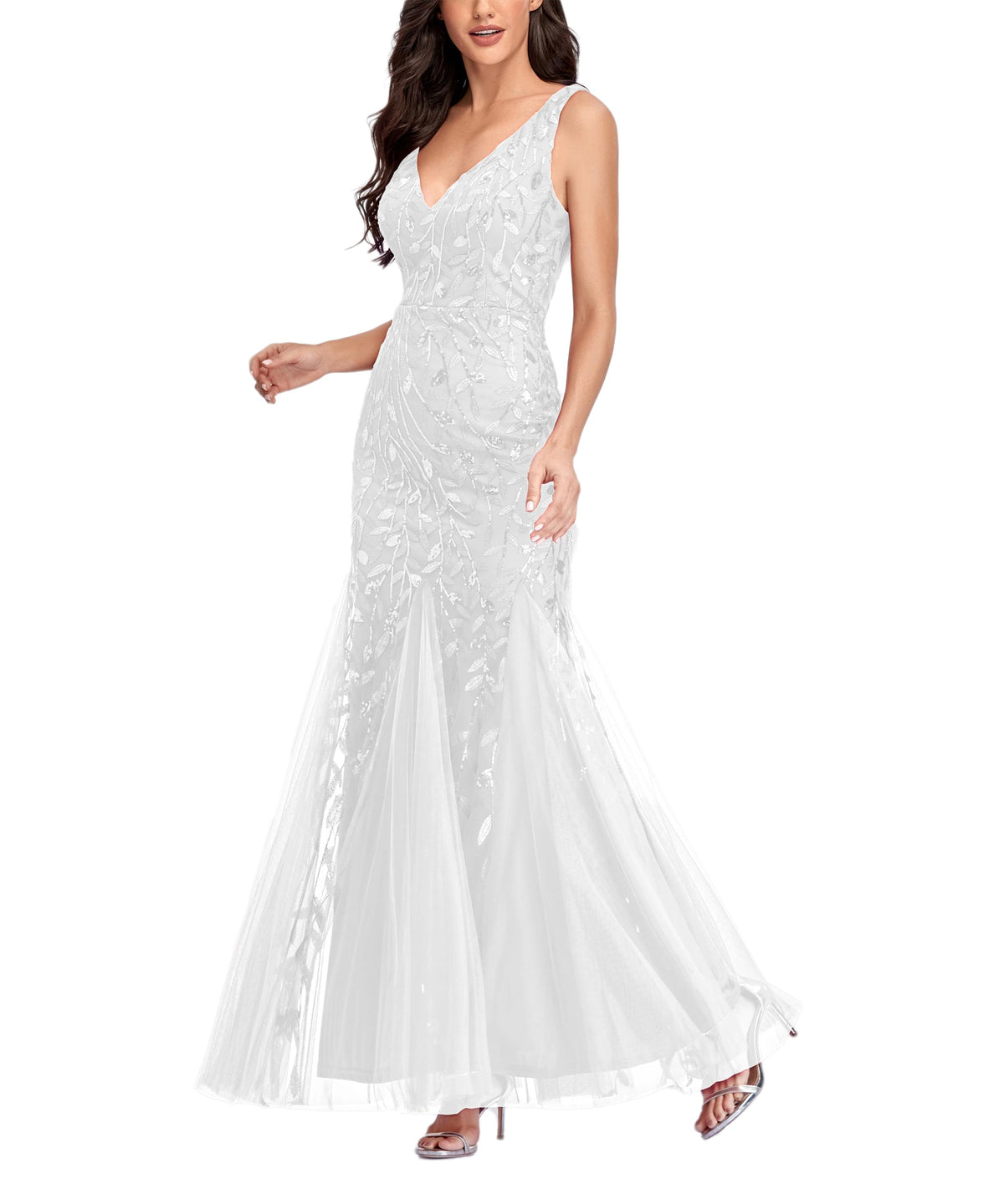 Sequin V-Neck Sleeveless Tulle Mermaid Gown - View 14