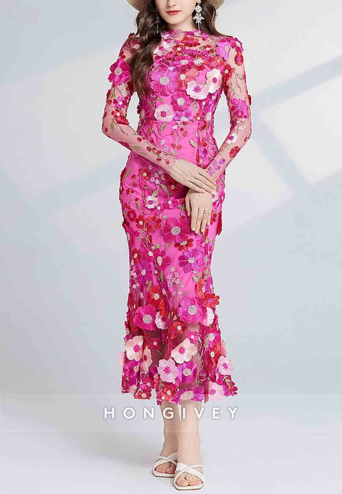 Ankle-Length Long Sleeve Flowers Tulle with Embroidery Vintage Wedding Guest Party Dresses