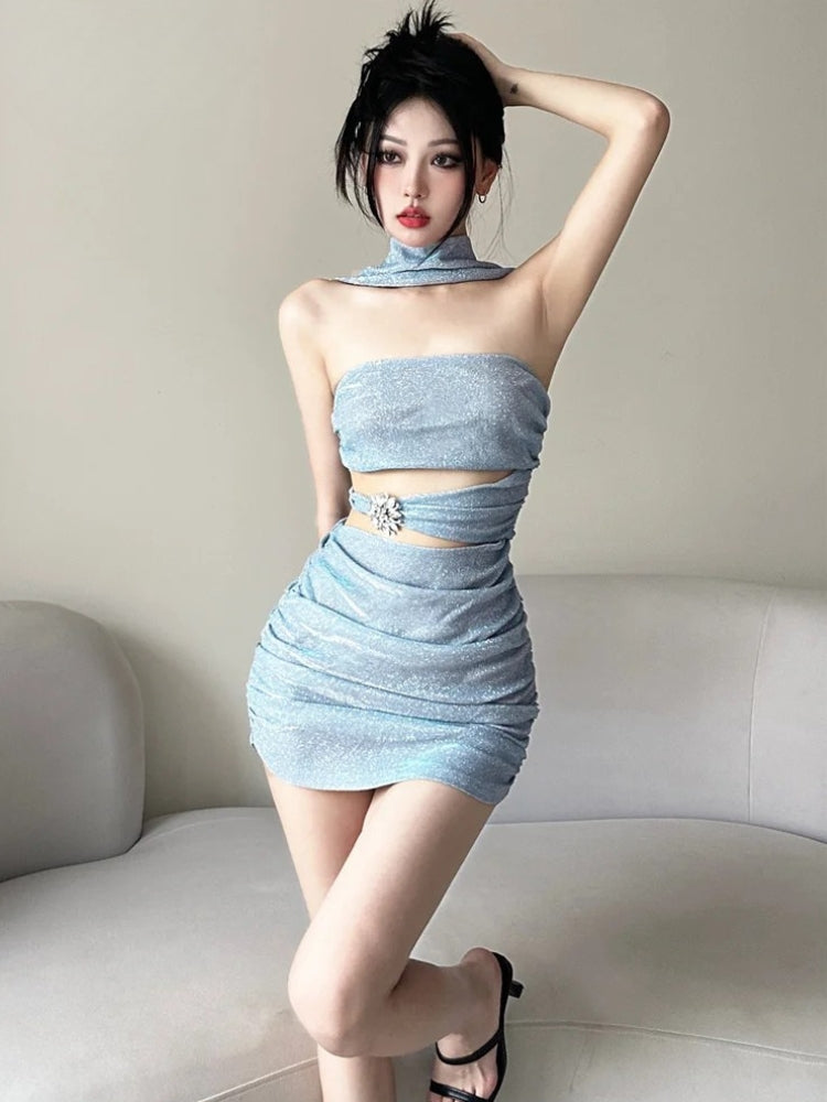 Glitter Strapless Cut-Out Ruched Bodycon Mini Dress
