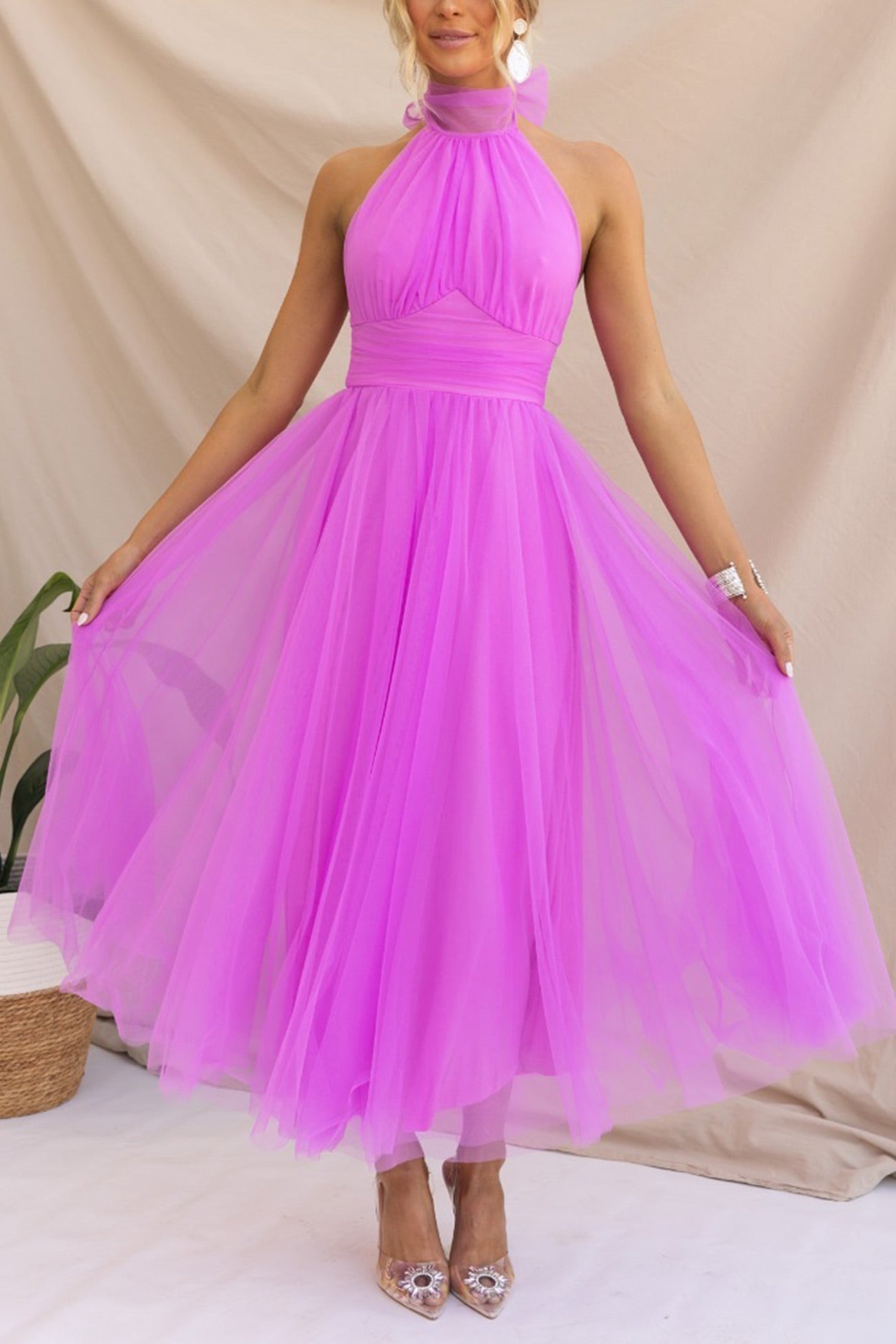 Mesh Halter Neck High Waist Maxi Dress