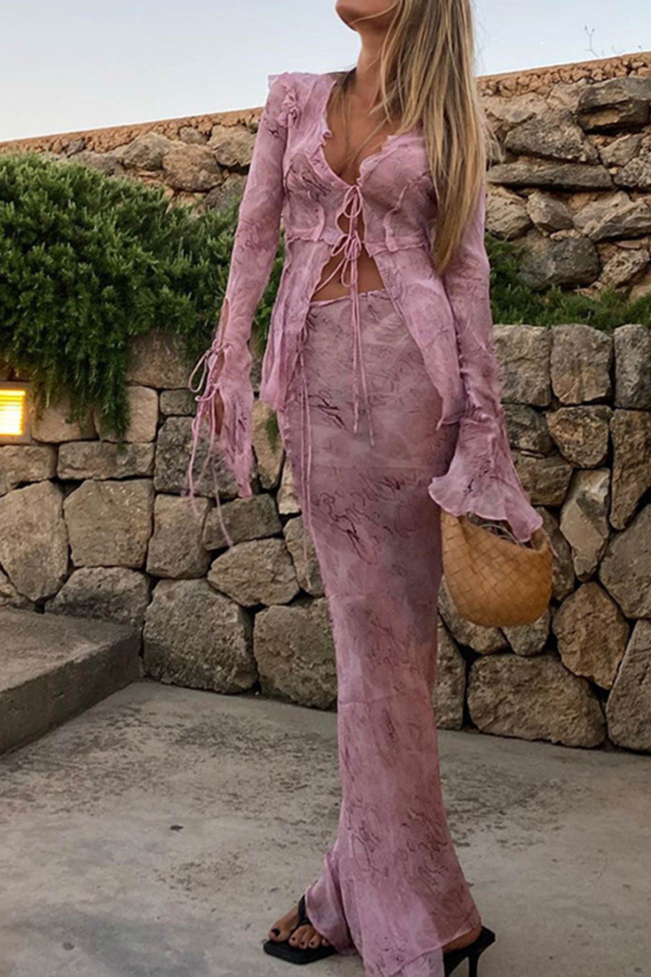 Stylish Mesh Printed Strappy Cardigan Skirt Set by AROLORA