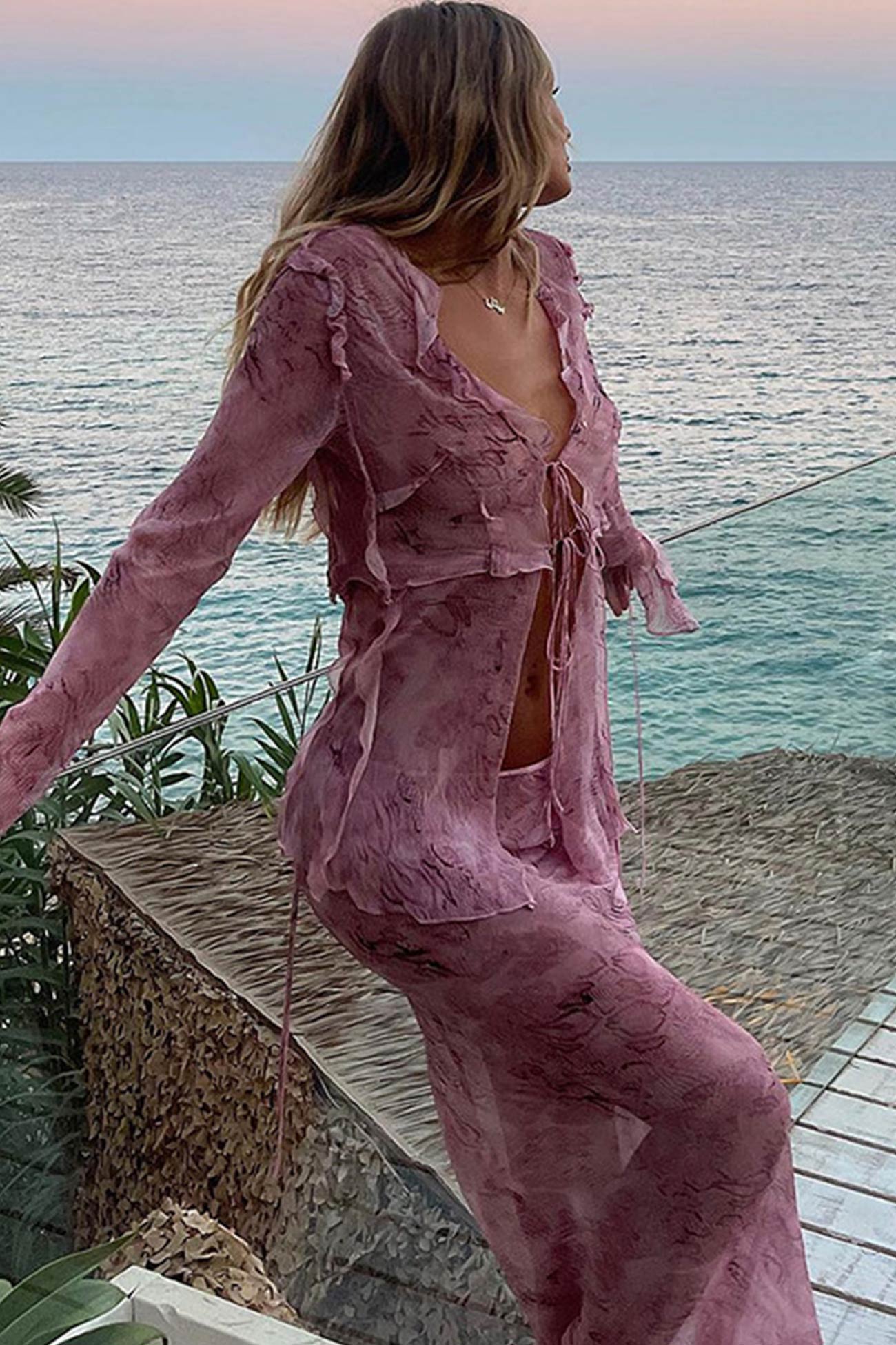 Stylish Mesh Printed Strappy Cardigan Skirt Set by AROLORA