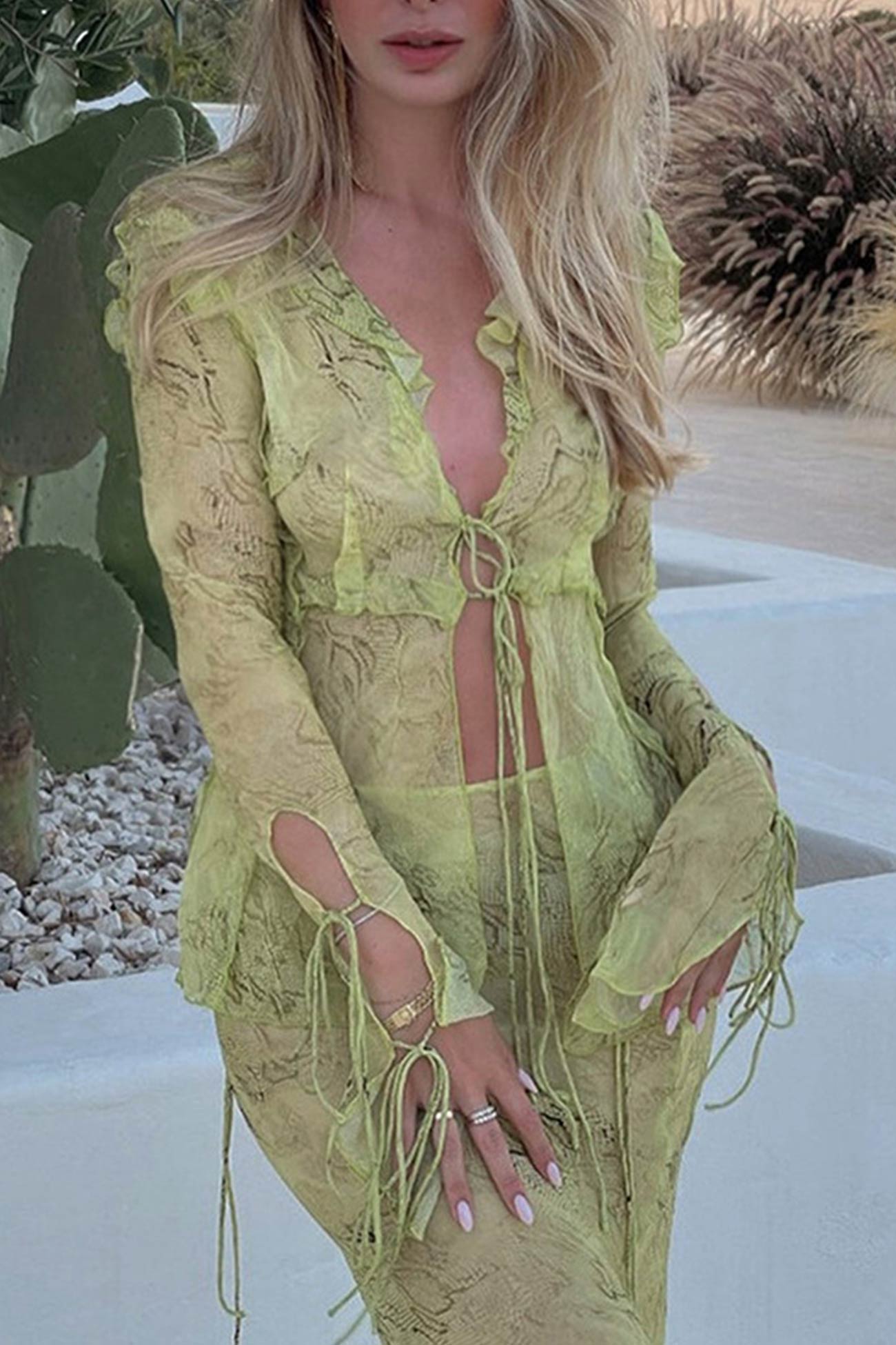 Stylish Mesh Printed Strappy Cardigan Skirt Set by AROLORA