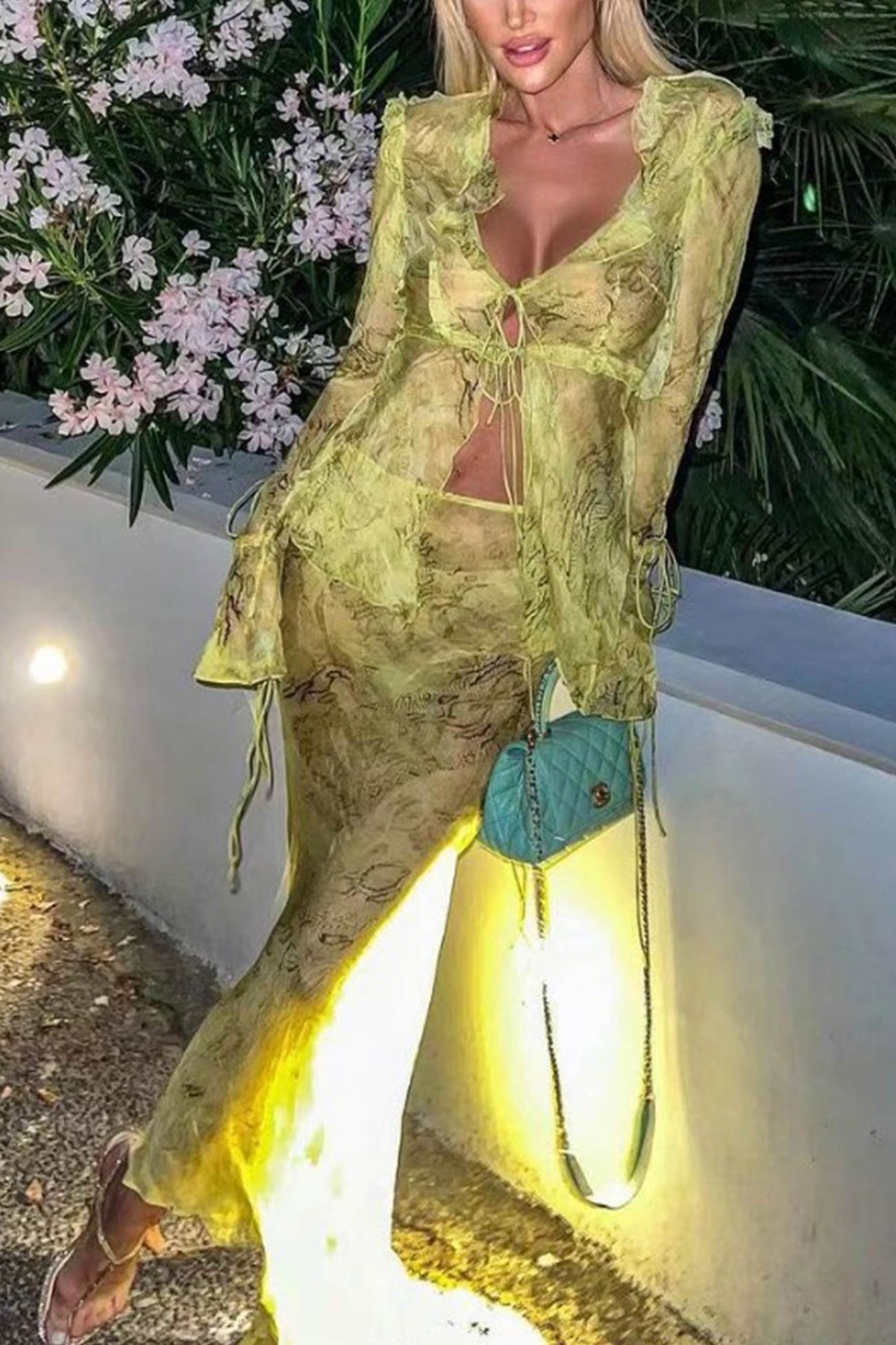 Stylish Mesh Printed Strappy Cardigan Skirt Set by AROLORA