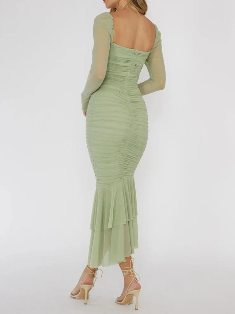 Mesh Sweetheart Long Sleeve Cut Out Ruched Mermaid Maxi Dress - View 2