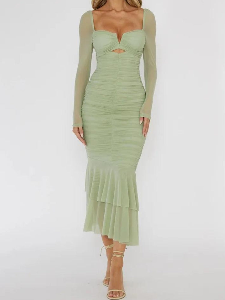 Mesh Sweetheart Long Sleeve Cut Out Ruched Mermaid Maxi Dress - View 3