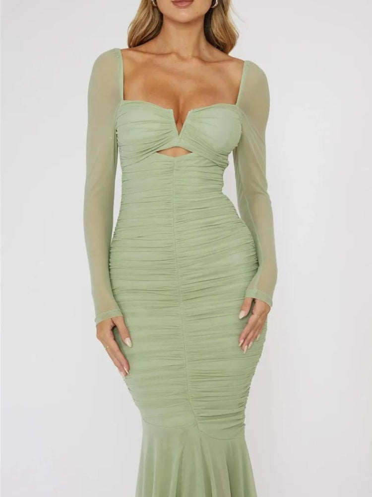 Mesh Sweetheart Long Sleeve Cut Out Ruched Mermaid Maxi Dress - View 4