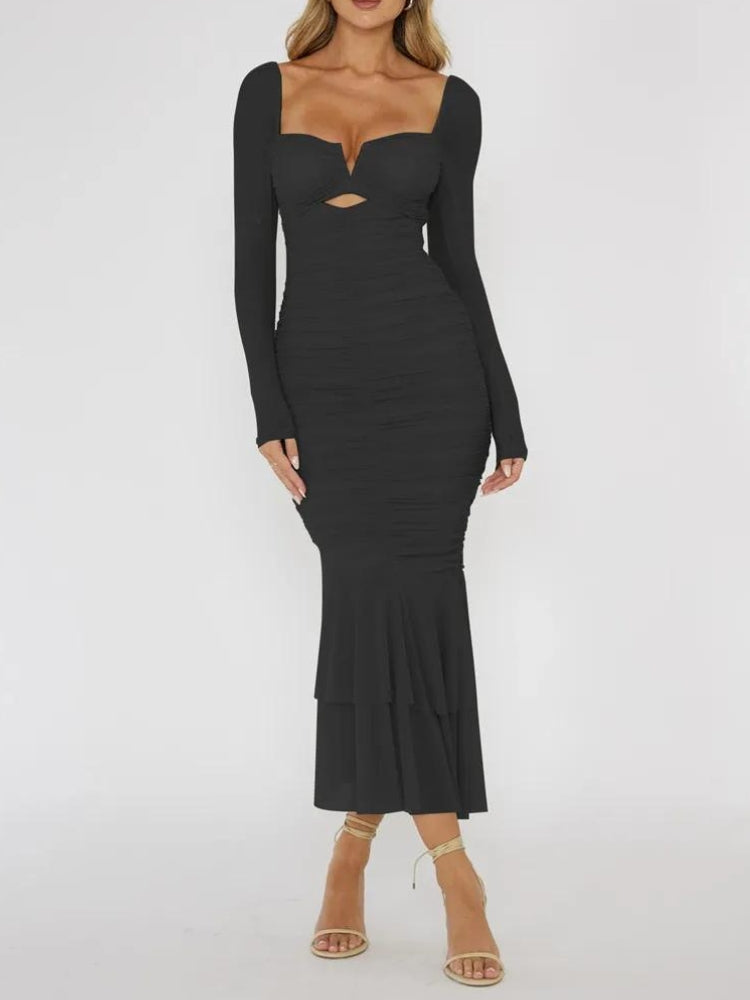 Mesh Sweetheart Long Sleeve Cut Out Ruched Mermaid Maxi Dress - View 5