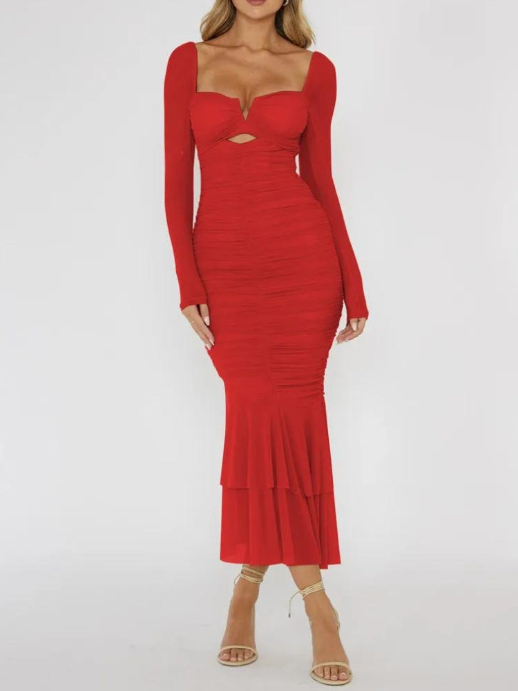 Mesh Sweetheart Long Sleeve Cut Out Ruched Mermaid Maxi Dress - View 6