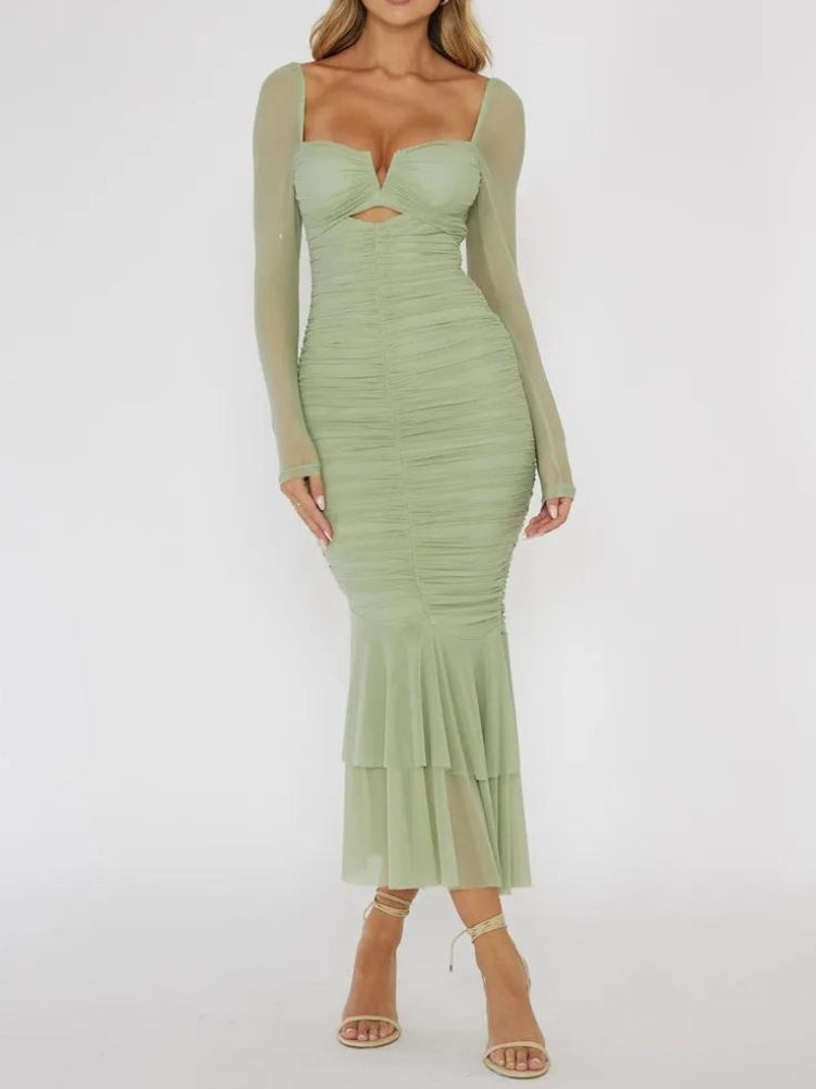 Mesh Sweetheart Long Sleeve Cut Out Ruched Mermaid Maxi Dress