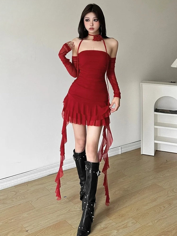 Mesh Ruffled Strapless Mini Dress - View 3