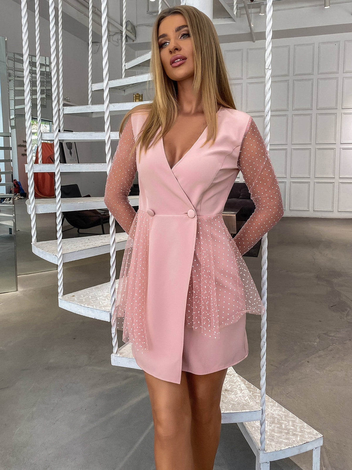 Mesh Sleeve Double Button Wrap Dress - View 4