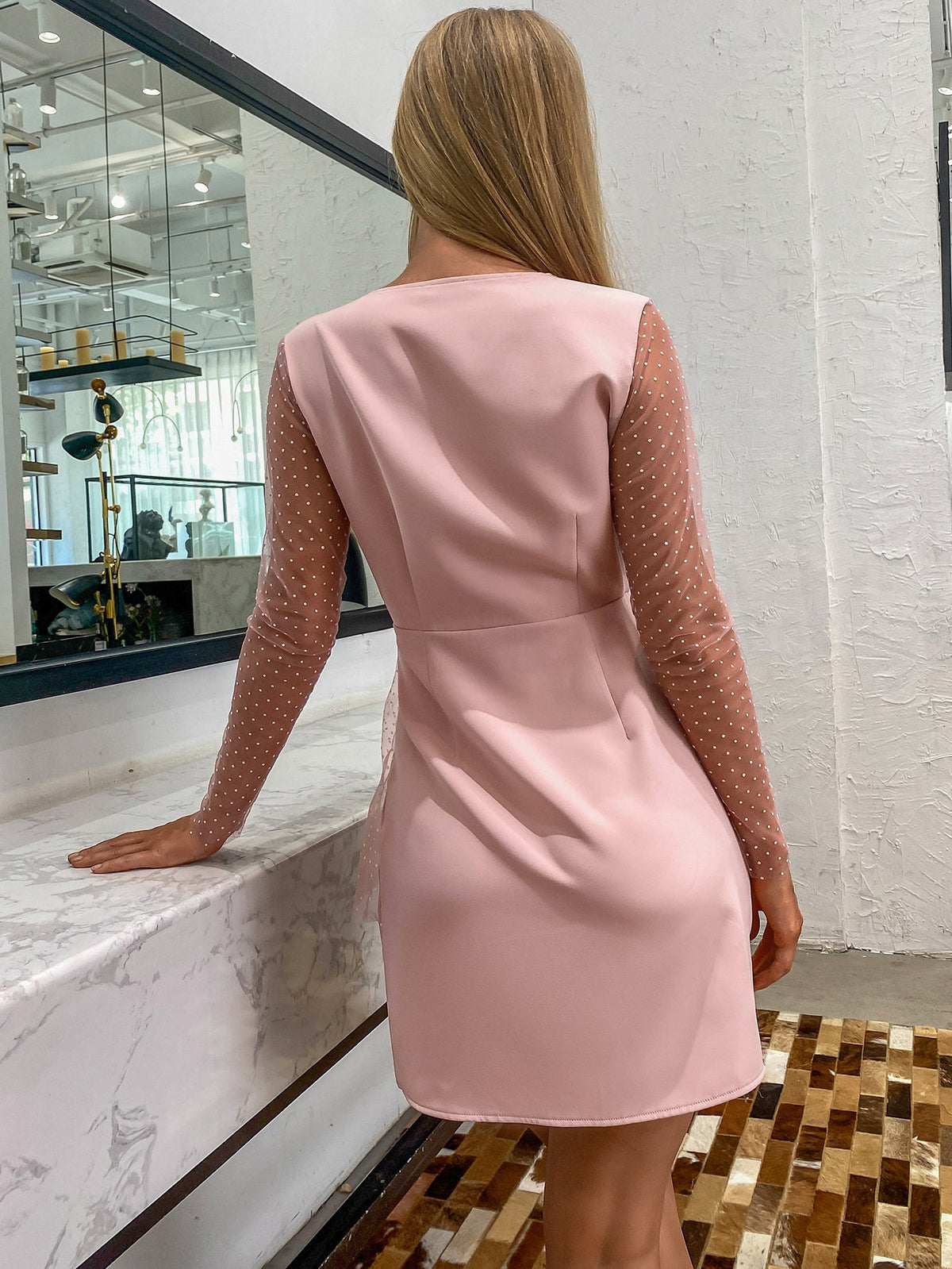 Mesh Sleeve Double Button Wrap Dress - View 3