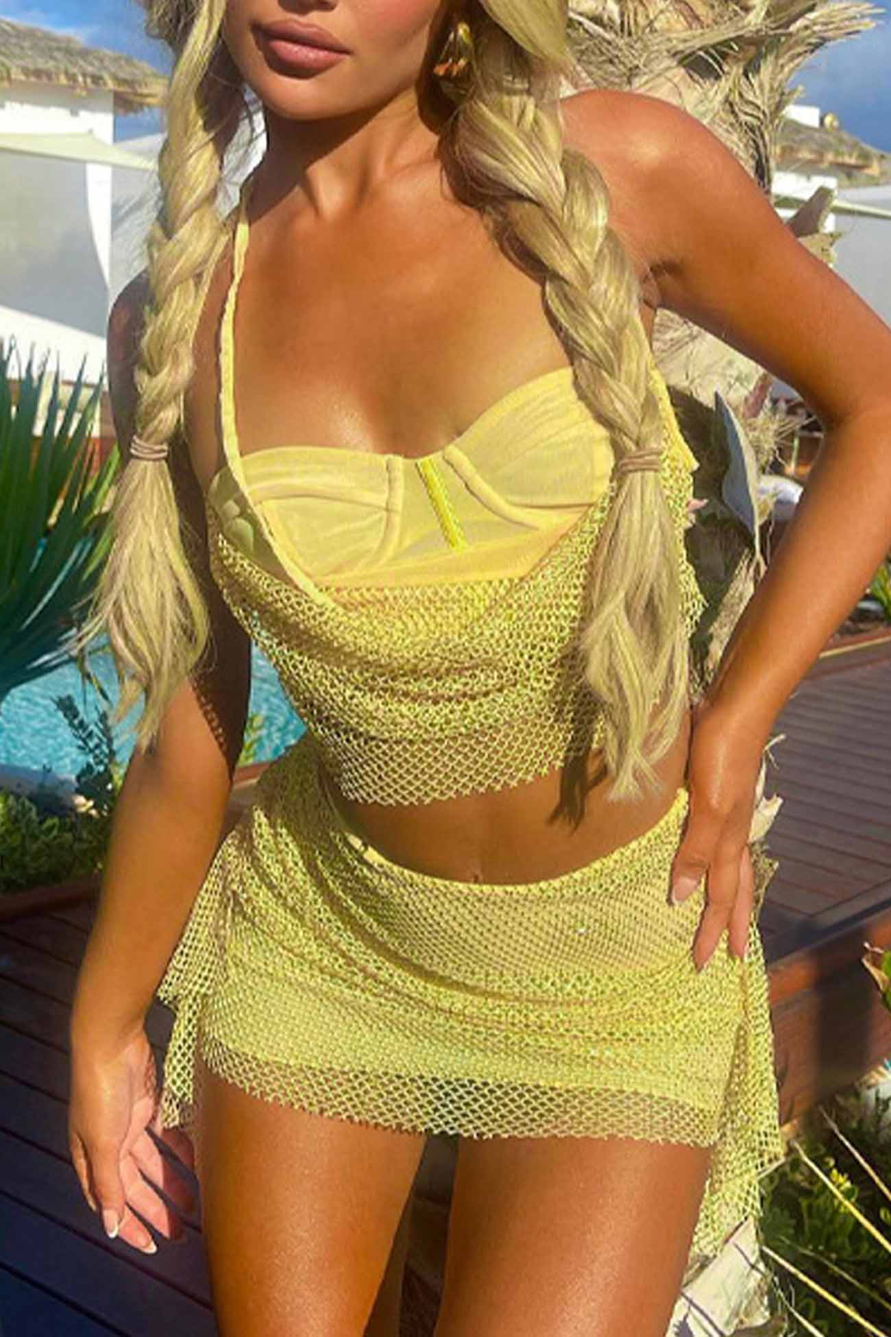 Mesh Patchwork Halterneck Crop Top Skirt Set - Fashionpara
