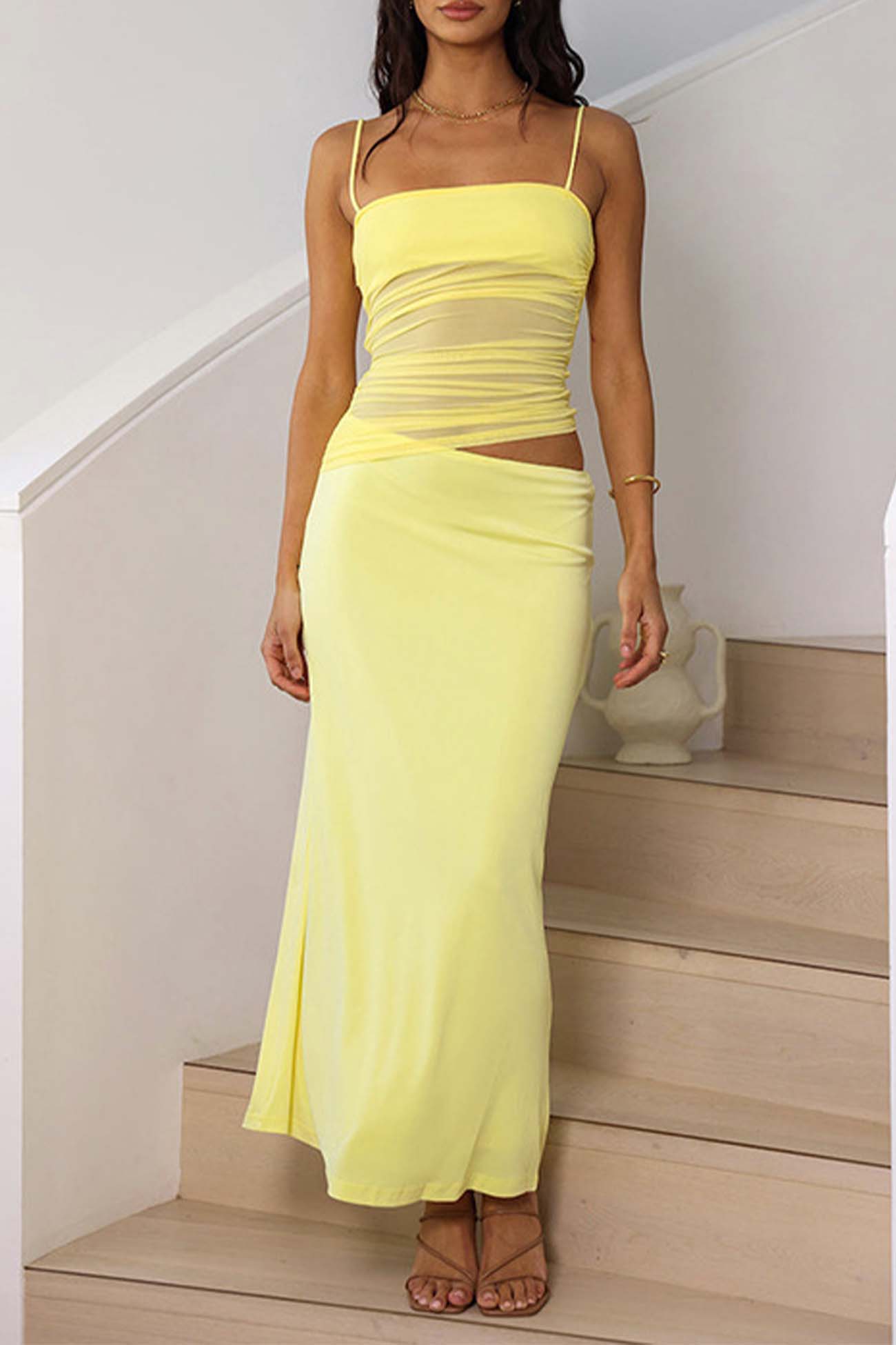 Mesh Patchwork Ruched Cami Top Skirt Set - Fashionpara