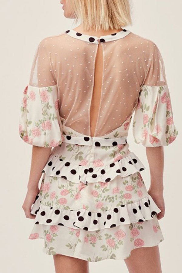 Floral Polka Dot Plunge Puff Sleeve Tiered Mini Dress