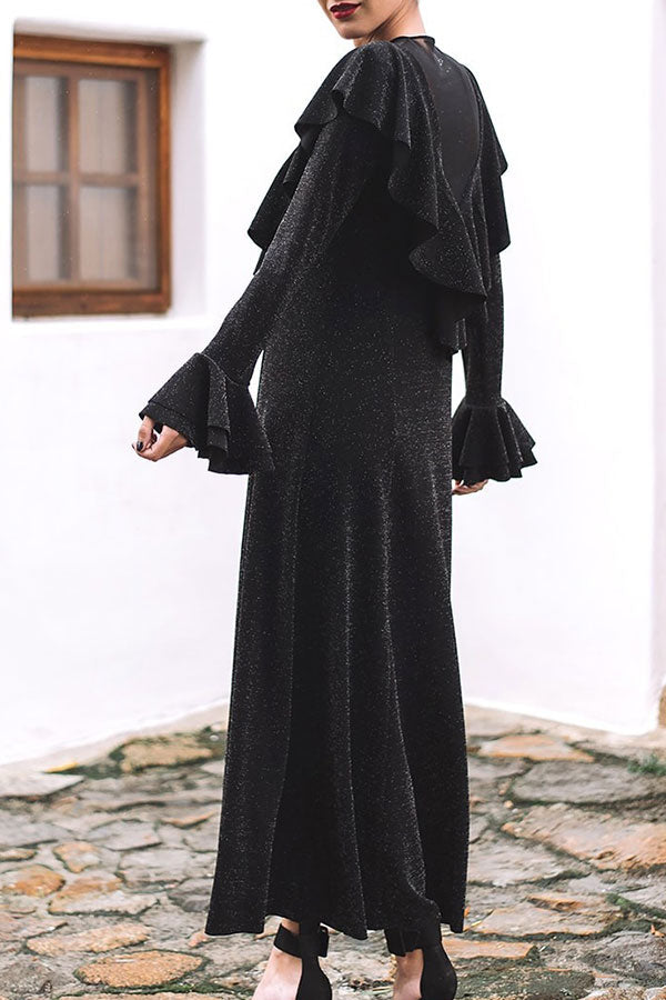 Black Mesh Panel Ruffled Sequin Dress