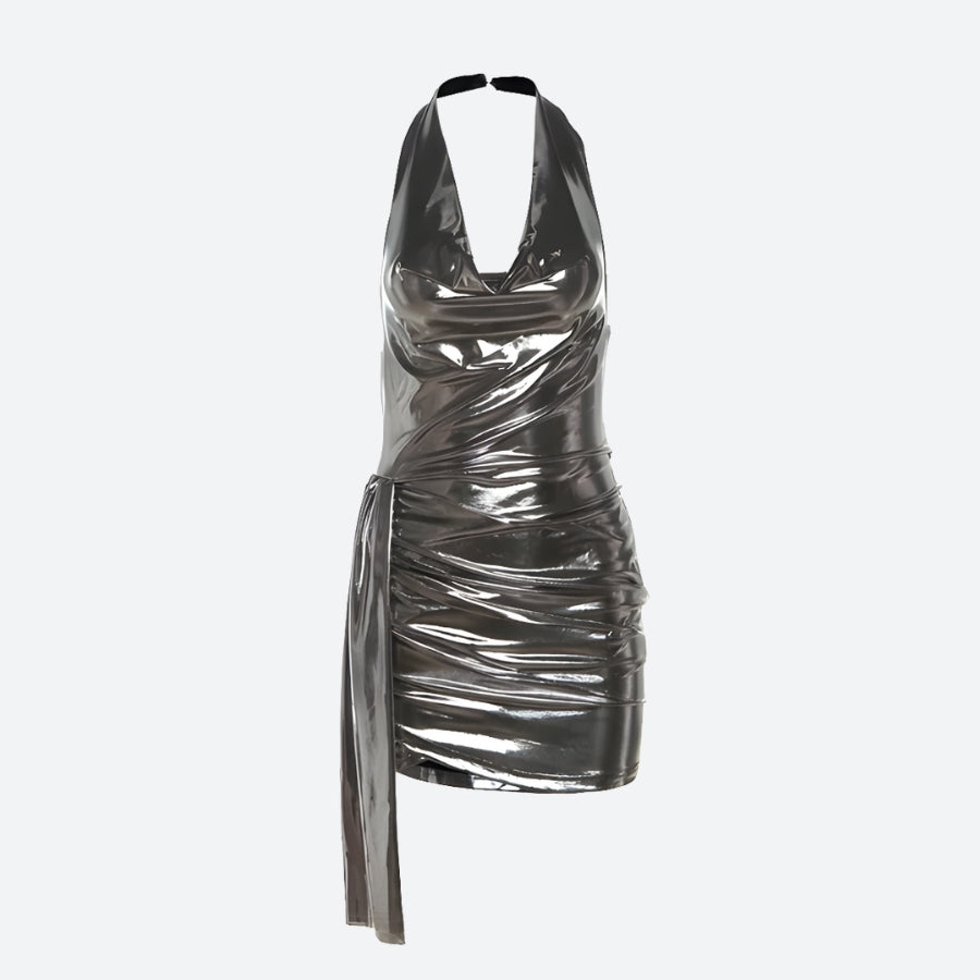 Metallic Halter Cowl Neck Ruched Bodycon Mini Dress - View 3