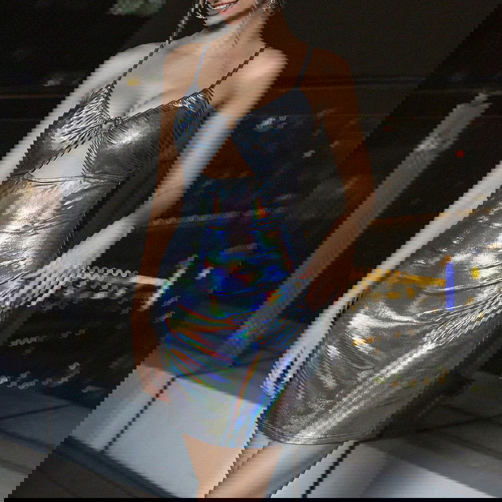 Metallic Coated Fabric Shiny Night Club Slip Hip Dress - Fashionpara